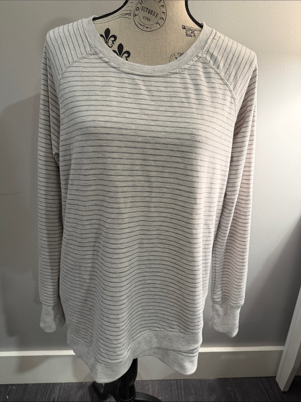 Danskin XL Light Gray Striped Crewneck Pullover Asymmetrical Hem Cozy Oversized